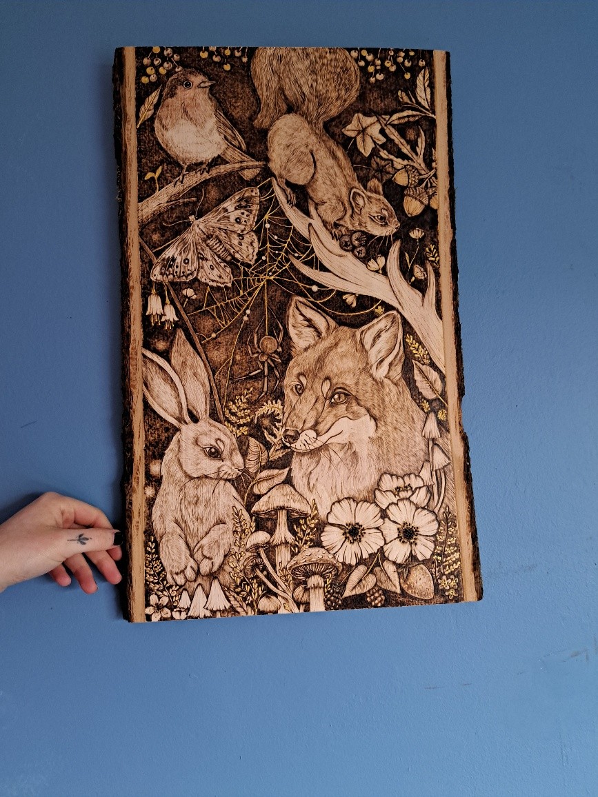 Woodland Scene with fox, hare, squirrel on bark slab